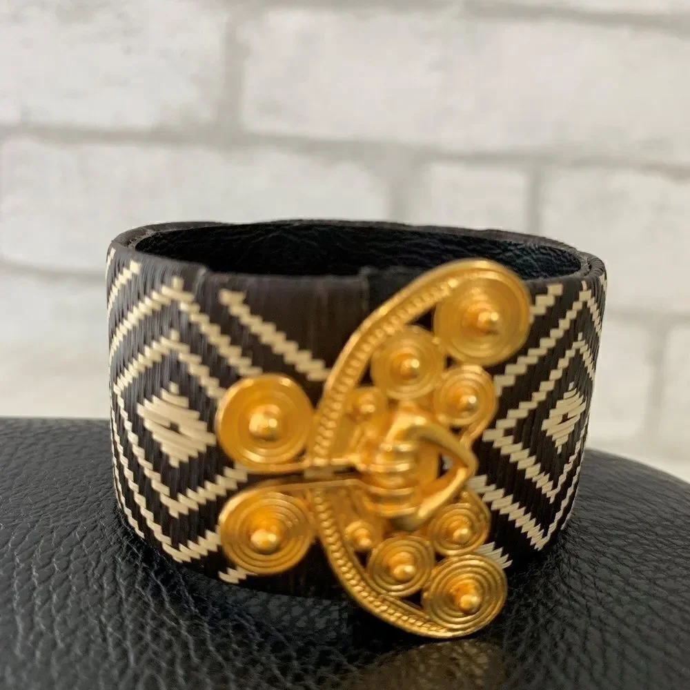 ‎Black/cream/gold Aztec print cuff bracelet